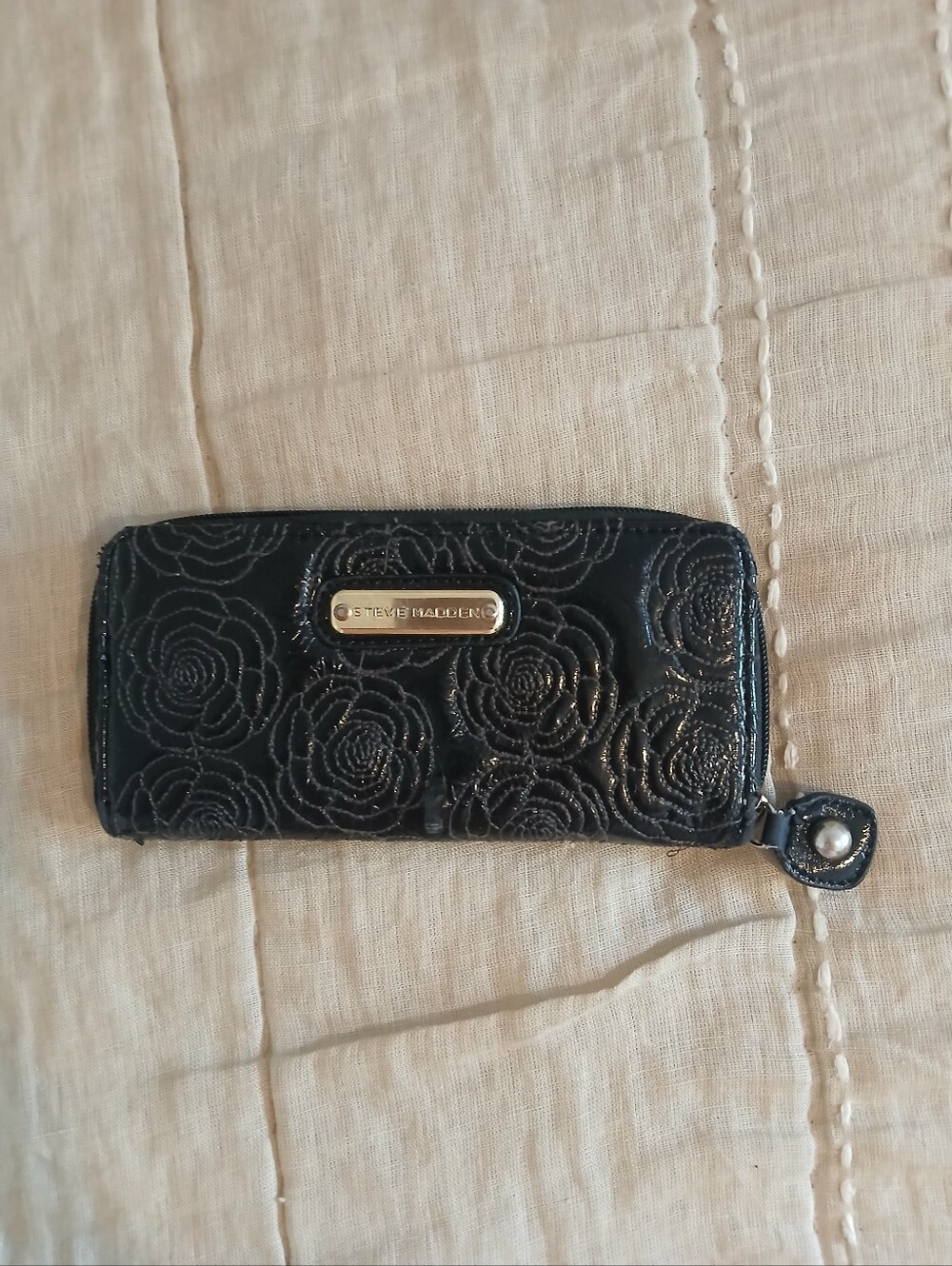 Steve Madden Black Floral Embossed Zip-Around Wallet with Logo Plaque